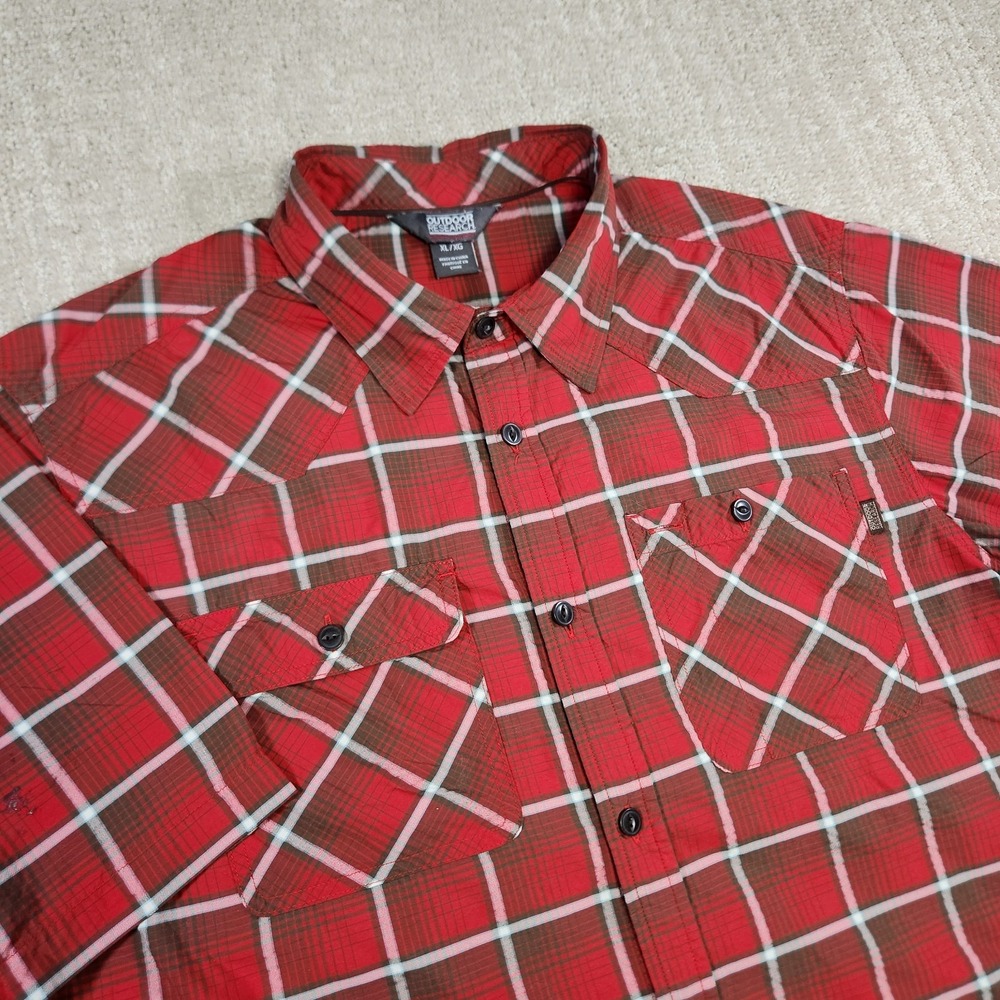 Outdoor Research Growler Shirt Men XL Performance Button Up Red Plaid Quick Dry